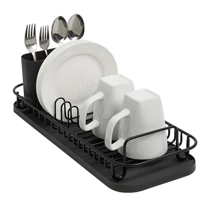 SunnyPoint 304 Stainless Steel NeverRust Compact Dish Drying Rack with Utensil Holder & Removable Drain Tray, Rustproof Small Dish Rack for Kitchen Countertop or Over Sink – Black