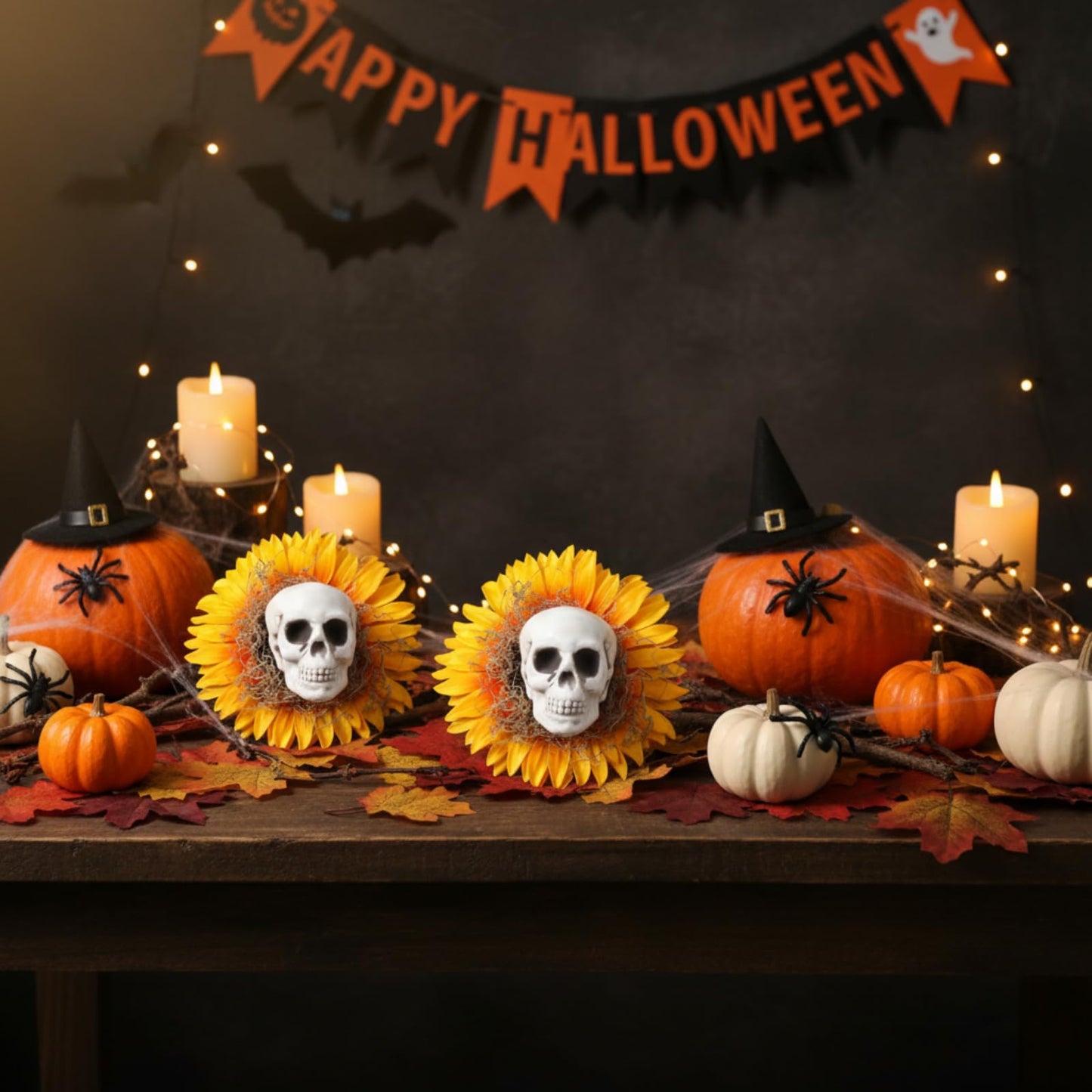 AceOrbit 6 Sets Halloween Skull Sunflower, Include 3" Skeleton Head Small Skulls 8.3" Artificial Sunflowers Natural Dried Moss for Halloween Party Decoration Props Spooky Yard Table Decor