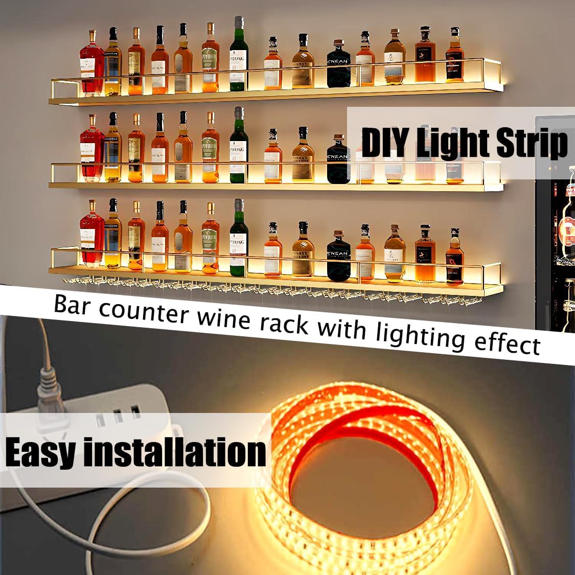 VITNSVILE Metal Wall Mounted Wine Rack with LED Light, 3 Tiers Liquor Bottles Floating Shelves with Glass Holder, Wine Shelf Industrial Bar Shelves for Home Bar Dining (Black, 180cm/71in)