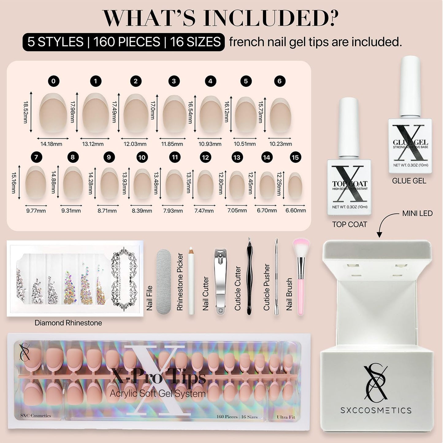SXC Cosmetics French Tip Press On Nails - Skin Tone Nude and Color Series, Short Coffin X-Pro Tips Starter Kit ST119KIT