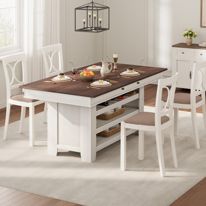 SLEKVERSA Farmhouse Dining Counter Height Table with Wine Rack & 3 Shelves, 36" Wooden Tall Dining Table with 2 Drawers, Thick Frame Counter Height Kitchen Table for Entertaining, Retro White Brown