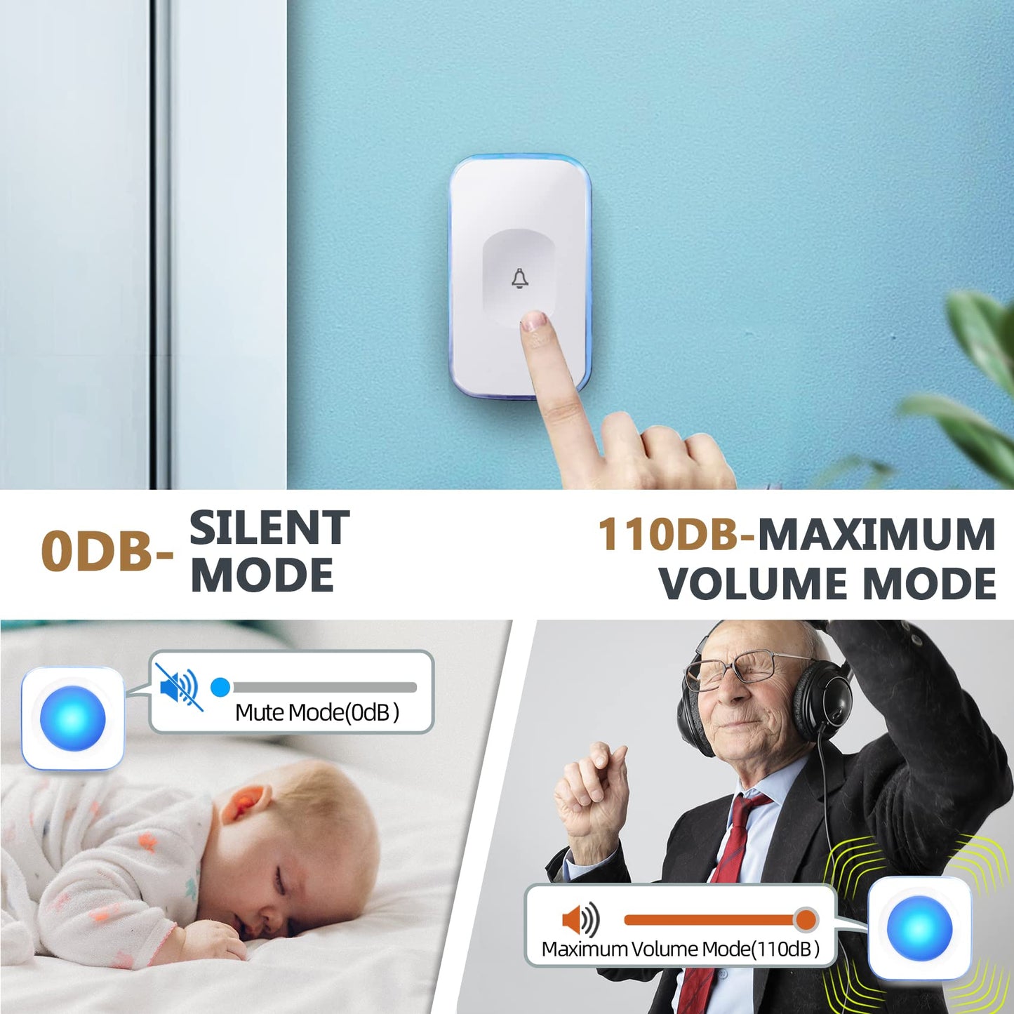 Wireless Doorbell 1200 Feet Battery Operated Wireless Doorbells for Home Hearing Impaired Doorbell at with 36 Melodies 4 Volume light（1 Button & 1 Portable doorbell White)