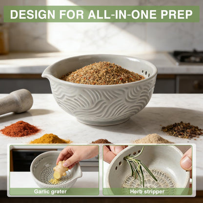 Ceramic Grater Bowl with Herb Stripper, 3 in 1 Handmade Ginger Grater Bowl, Garlic Grater Plate, Multi-Functional Kitchen Tools and Gadgets, for Garlic, Chocolate, Herbs, Etc