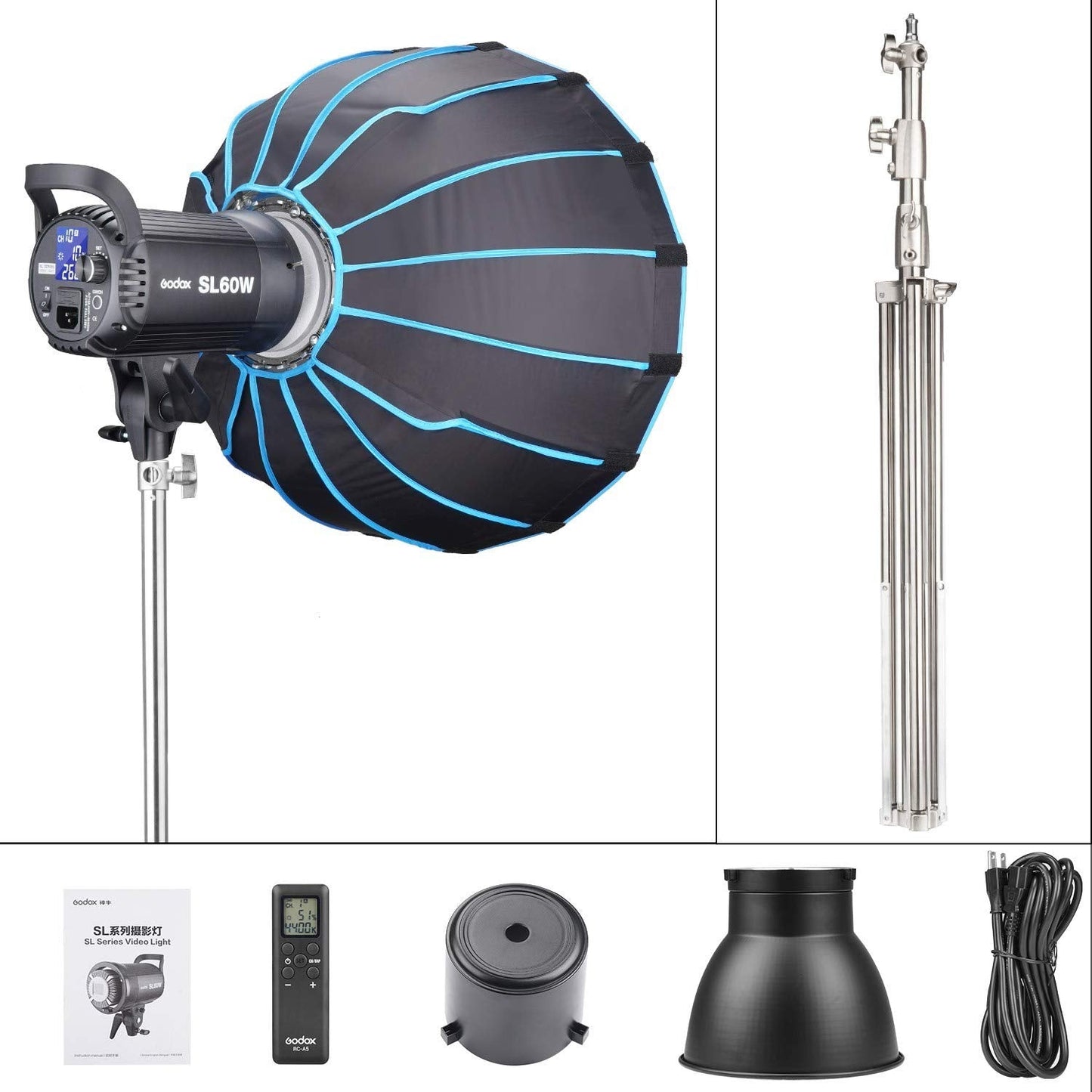 Godox SL-60W Kit with Softbox and 2.8M Stainless Steel Light Stand LED Video Light 5600K Studio Continuous Lamp Bowens Mount Wirelessly Adjust Photo Lights for YouTube, Wedding, Outdoor Shooting