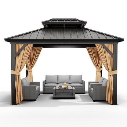 12'x10' Hardtop Gazebo, Heavy Duty Aluminum Permanent Hardtop Gazebo Outdoor Pavilion with Curtains and Netting for Garden