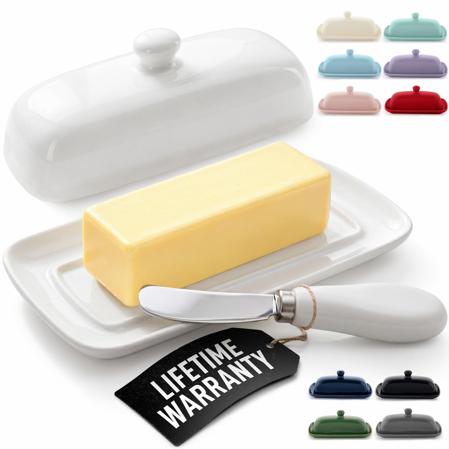 Zulay Kitchen Ceramic Butter Dish with Lid For Countertop & Stainless Steel Knife – Keeps Butter Soft & Fresh – White Butter Dish with Easy-Grip Knob, Durable & Everyday Butter Holder for Home - White