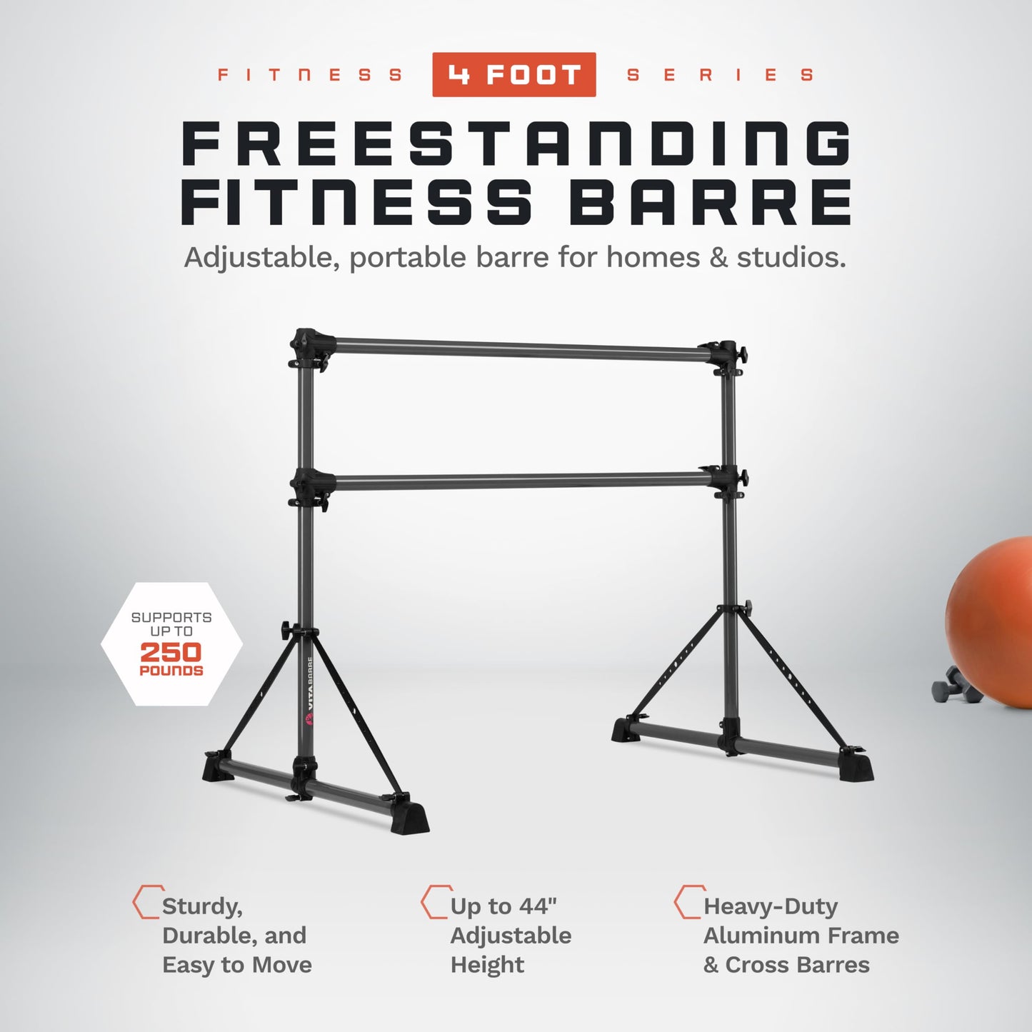 VITA Barre Portable Freestanding Double Ballet Barre, Fit, 4 Ft Bars, Dark Mystic Gray, Aluminum | Adjustable Height, Made in USA, Home or Gym Exercise Equipment | Dance, Fitness, Pilates