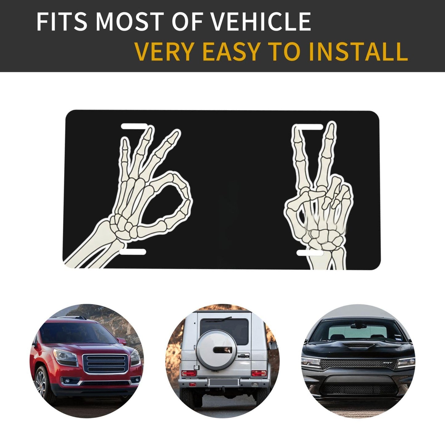 Skeleton Hand Ok and Peace Sign Front License Plate for Women Car Vanity Plates Decorative Aluminum Metal Cute Novelty License Plate Cover for Men 6x12 Inch (4 Holes)