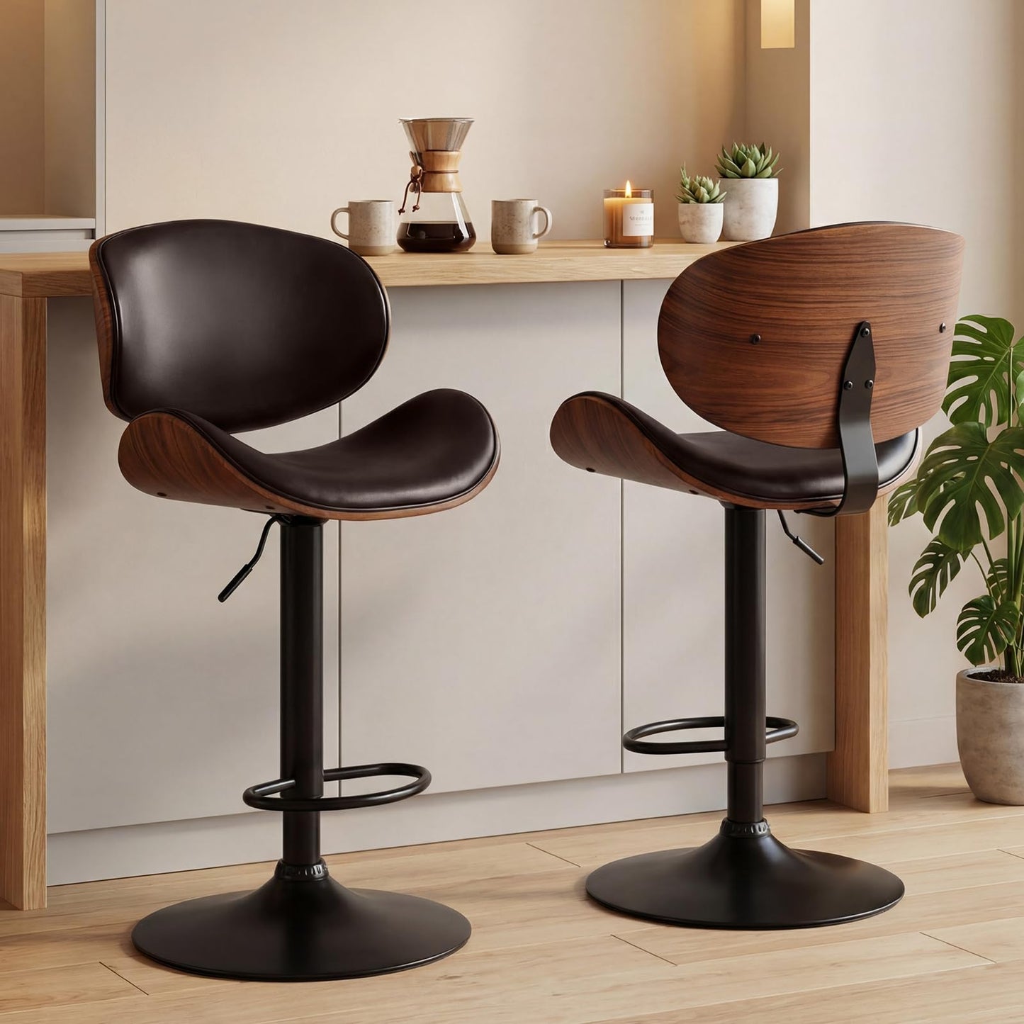 HAPPYMONT Swivel Bar Stools Set of 2, Adjustable Height 37-45 Inch Bentwood Barstools with Removable Back, PU Leather Upholstered Bar Chair for Kitchen Island Dining Room, Brown