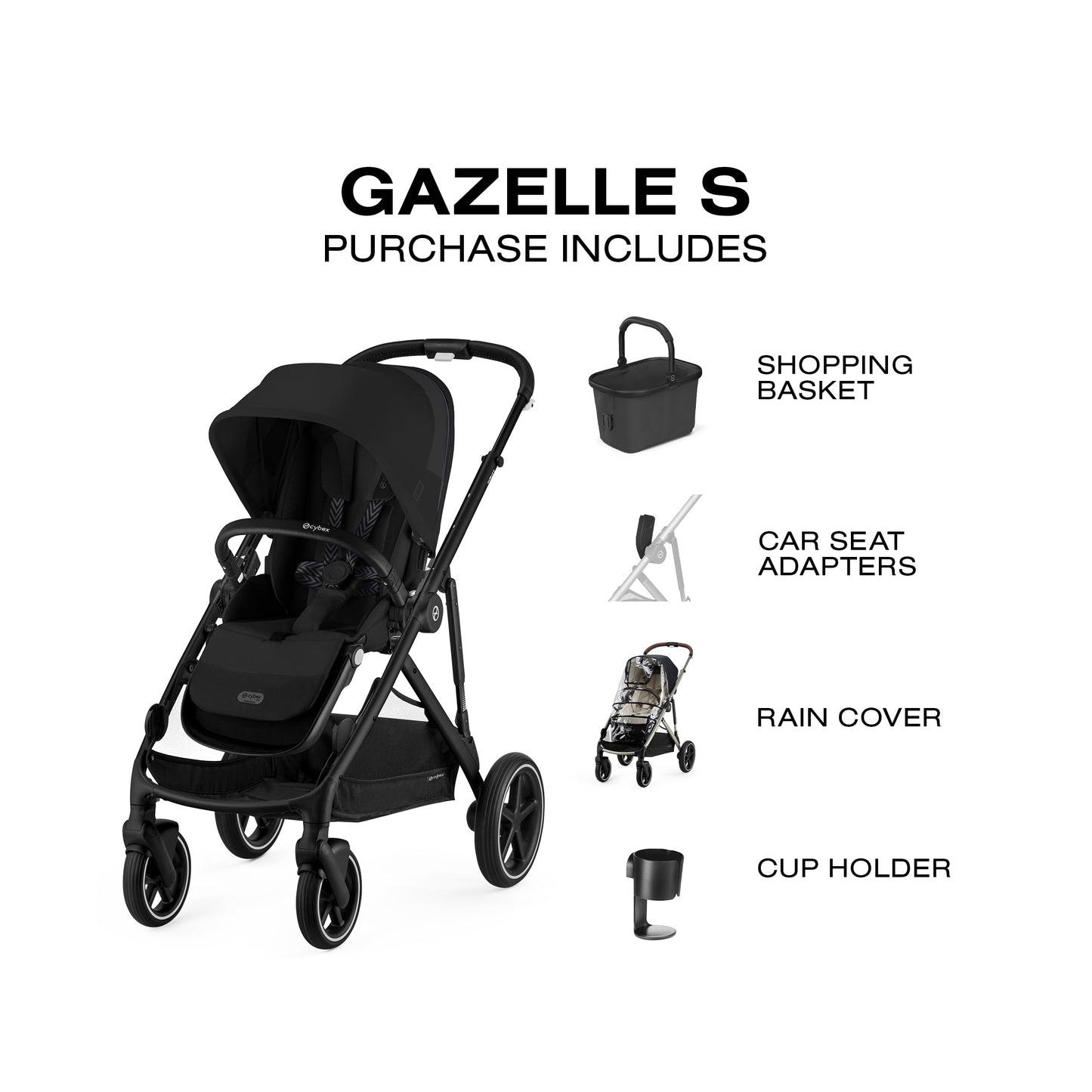 Cybex Gazelle S All-in-One Toddler and Baby Stroller with Over 20 Modular Configurations, Ergonomic Near-Flat Recline, Shopper Basket, and Compact Fold, Moon Black, Black Frame