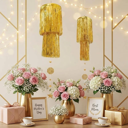 2 Cheerland Gold Tinsel Chandelier Mothers Day Party Decor Tier Haning Fringed Circle Star Garland for Graduation