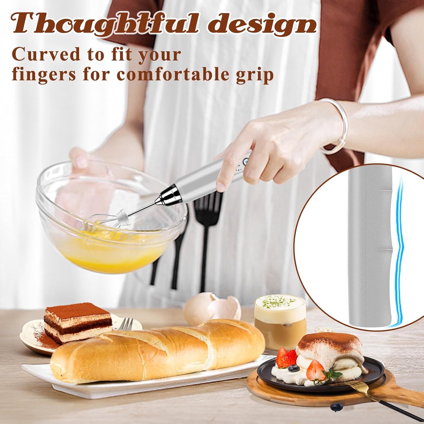 Rechargeable Milk Frother Handheld, Electric Foam Maker Wand, 3 Stainless Whisks, Drink Mixer for Lattes, Cappuccino