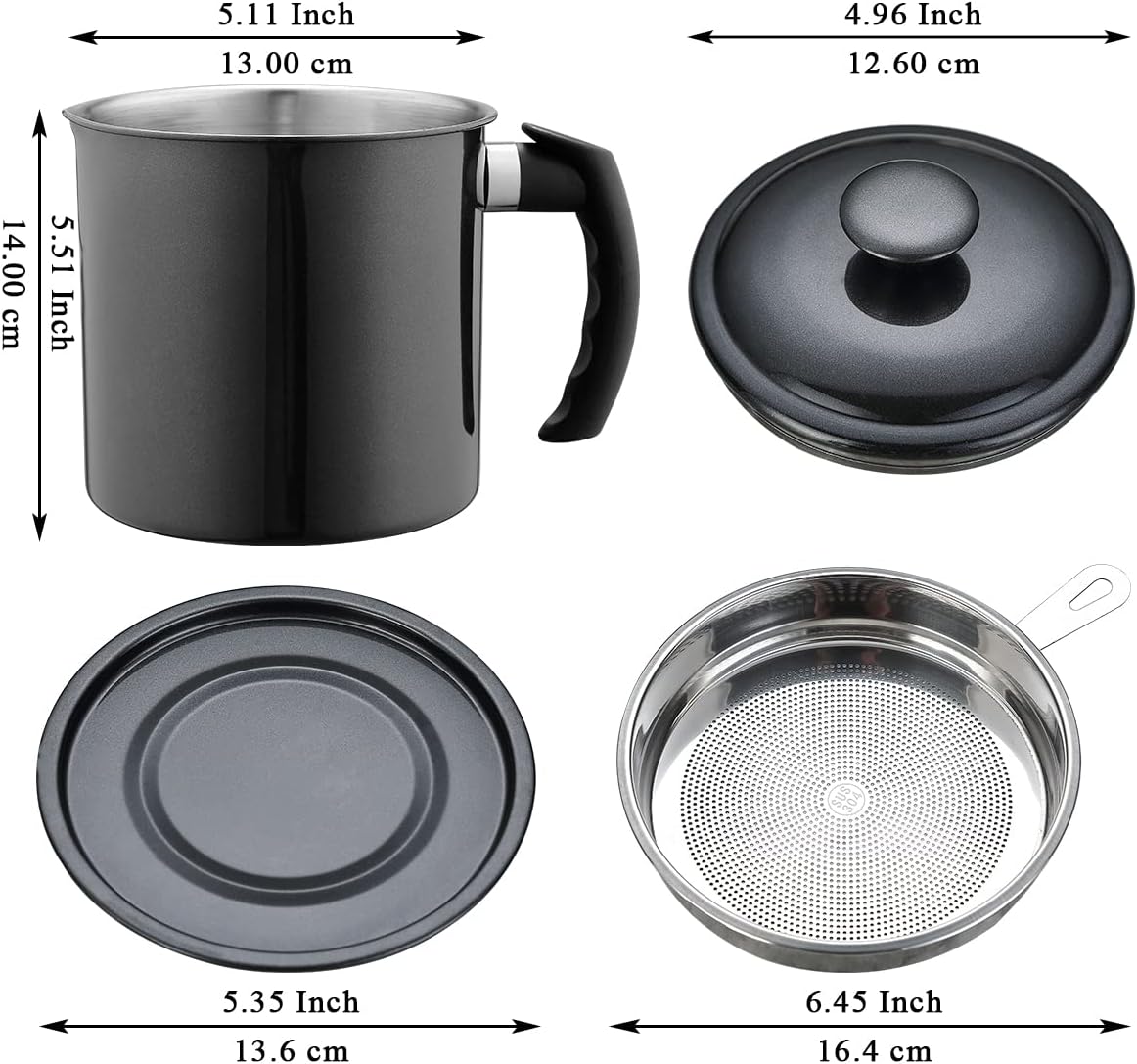 Berglander Black Bacon Grease Container with Strainer, 47oz/1.4L Stainless Steel Oil Storage with Fine Mesh Strainer