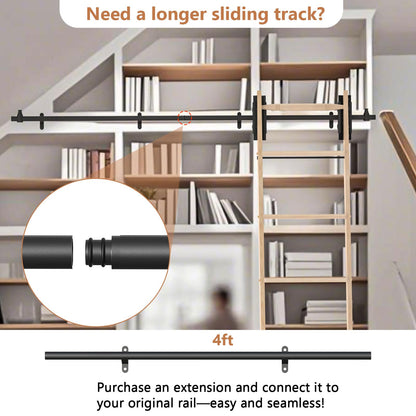 LKCBITION 87inch Heavy Duty Oak Wood Ladder with 4ft Telescoping Top Rollers & Bottom Brake Wheels Sliding Hardware, Rolling Library Ladder for Loft, Attic, Bookshelf