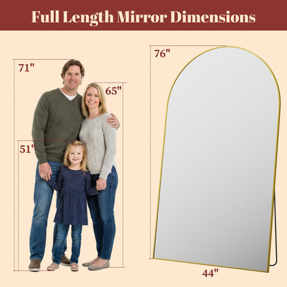 Suidia 76"x44" Arched Full Length Mirror with Stand, Full Body Mirror with Aluminum Frame, Freestanding/Leaning/Wall-Mounted, Floor Mirrors for Bedroom, Living Room, Entryway, Dressing Room, Gold