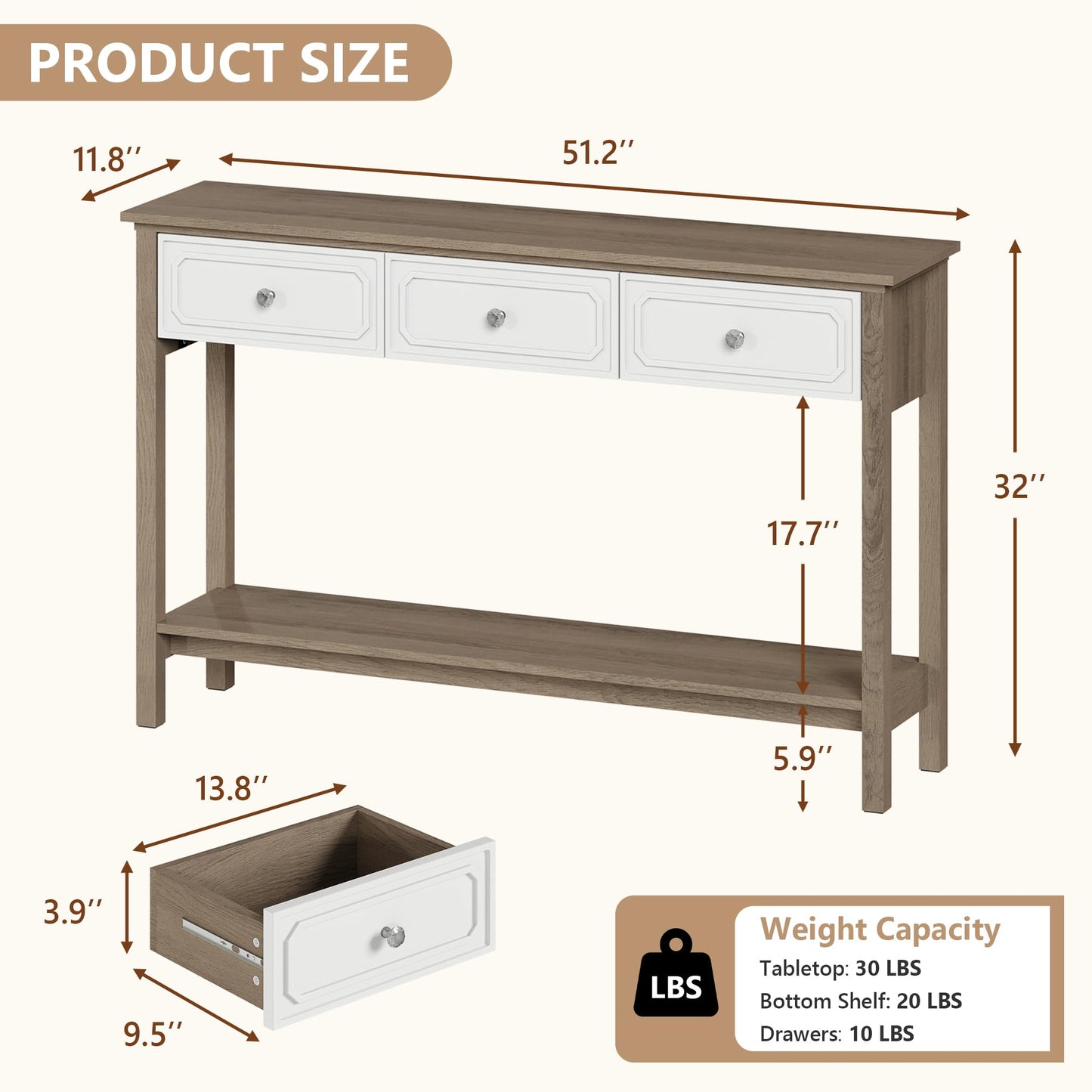 LAZZO Entryway Table with Storage Console Table with 3 Drawers and Open Shelf Behind the Couch Sofa Tables Narrow Long for Entry, Hallway, Foyer, Living Room Brown and White