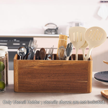 SANOSY 16" Wooden Kitchen Utensil Holder, Extra Large Acacia Wood Organizer for Cooking Tools, Utensils & Cutlery Storage – 4-Compartment Countertop Holder