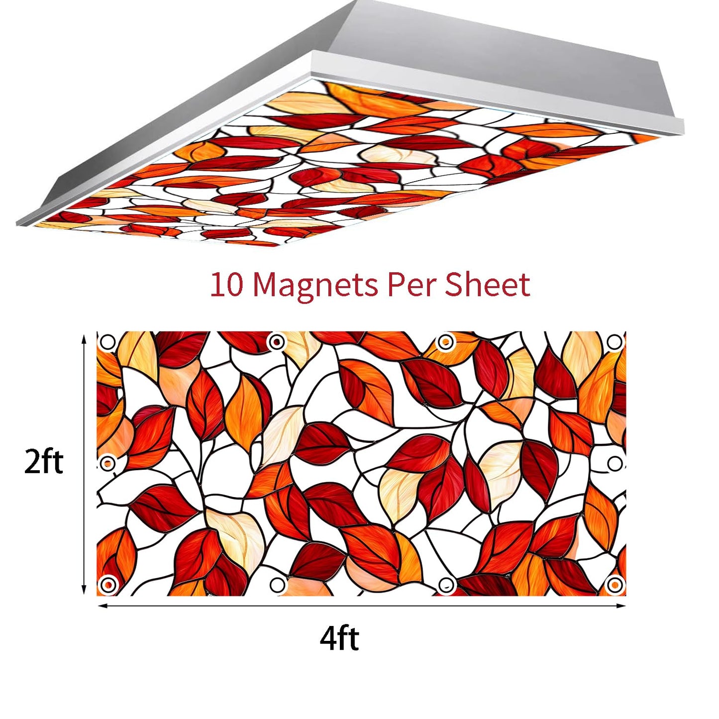 Fluorescent Light Covers for Ceiling Lights-Magnetic,2pcs,Geometric & Stained Glass Designs for Ceiling Lights 2ft x 4ft-For Classroom, Office，Home (Stained Glass Leaves, 48"L x 24"W-2pcs)