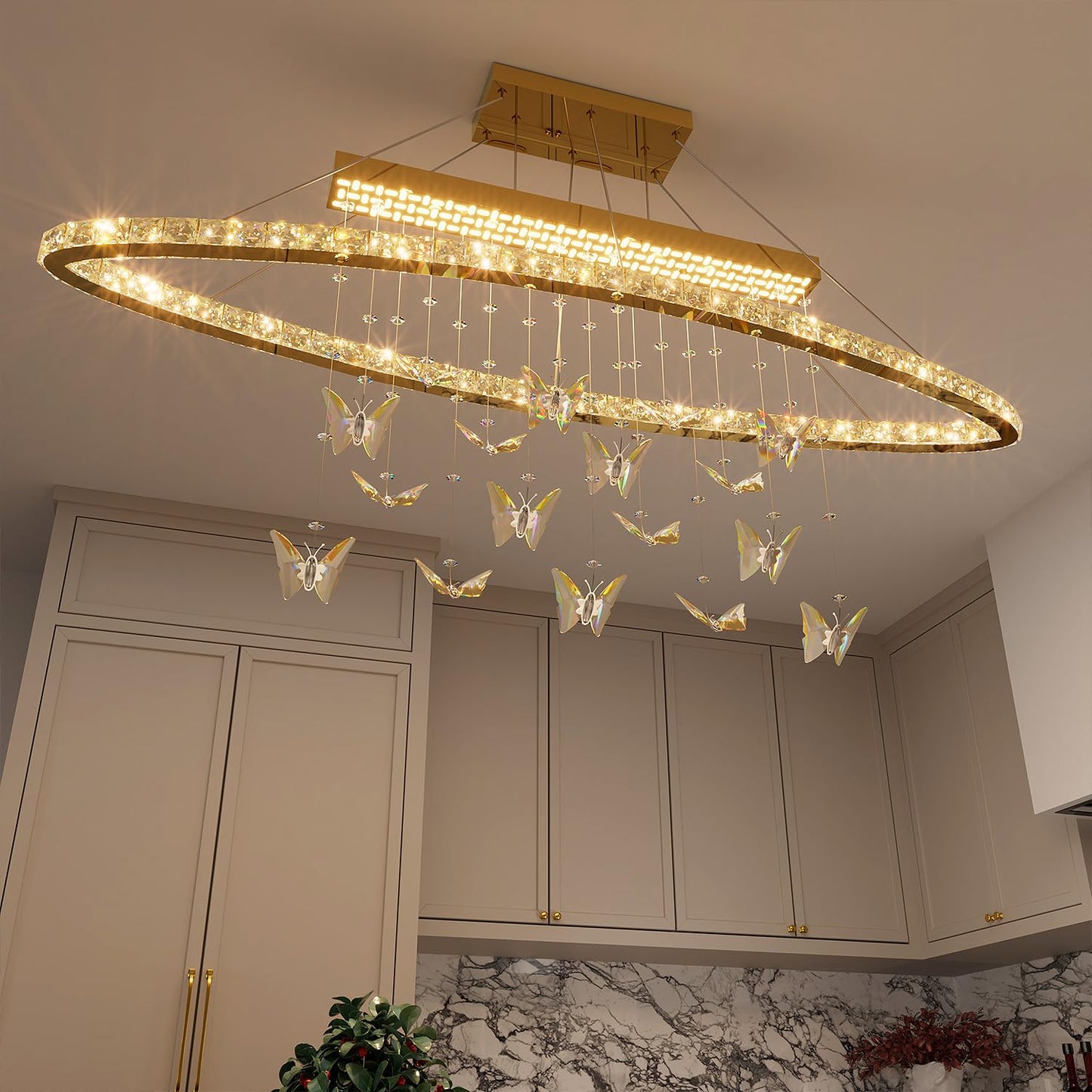 WOSOHYUN 40 Inch Gold Crystal Butterfly Chandelier, Adjustable Hanging Linear Chandeliers, Oval Rings Chandelier for Dining Room, Living Room, Foyer