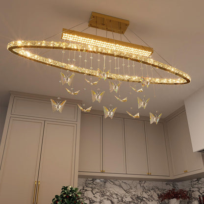 WOSOHYUN 40 Inch Gold Crystal Butterfly Chandelier, Adjustable Hanging Linear Chandeliers, Oval Rings Chandelier for Dining Room, Living Room, Foyer