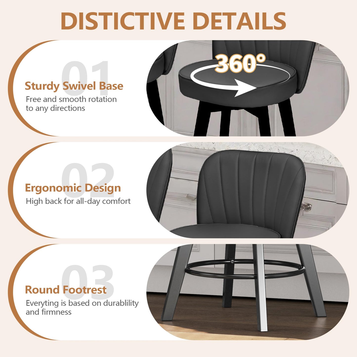 MINCETA 360° Swivel Bar Stools Set of 4, 26 Inch Counter Height Bar Stool with Shell Backrest, PU Leather Upholstered Bar Chair with with Footrest, for Kitchen Island, Home Bar, Dark Gray