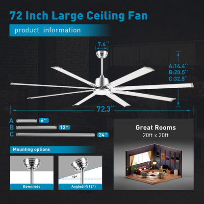 72 lnch lndustrial Smart Celing Fan with Light and Remote Control via WIFI Alexa,Large Celing Fan with 8 Brushed Nickel Aluminum Blades,6 Speed Noiseless DC Motor Indoor Outdoor Ceiling Fans for Patio