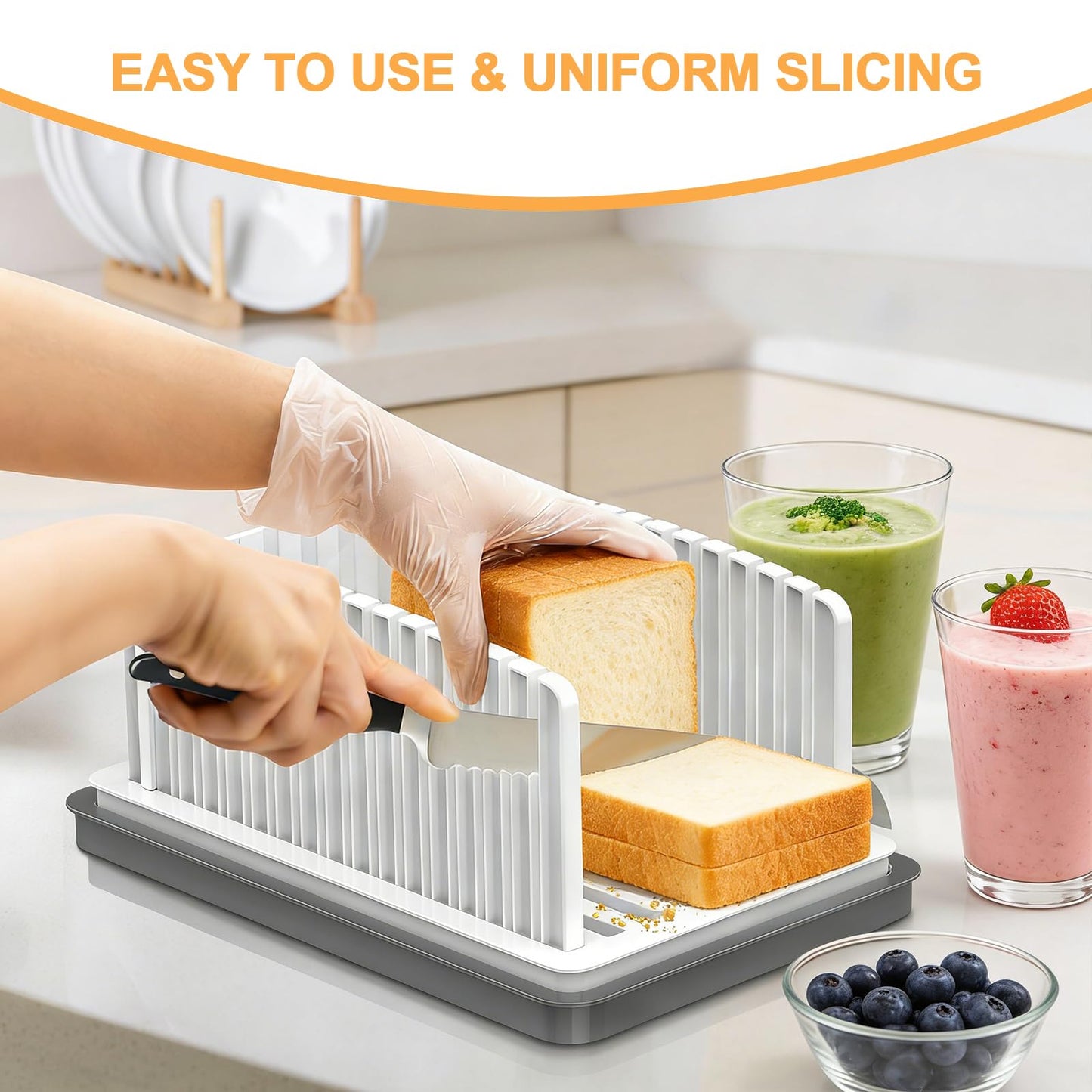 Kiss Core New Upgrade Bread Slicer for Homemade Bread, Bread Slicing Guide Adjustable Width, Foldable and Compact Cutting Guide with Crumb Tray, Suitability for Homemade Bread, Bagels, Cakes