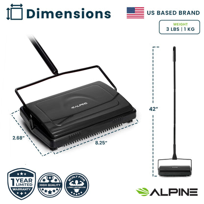 Alpine Manual Carpet Sweeper Triple Brush – Cordless Non Electric Multi-Surface Floor Brush Hardwood Floor Cleaner Easy Sweeping for Carpeted Floors (Improved Black)