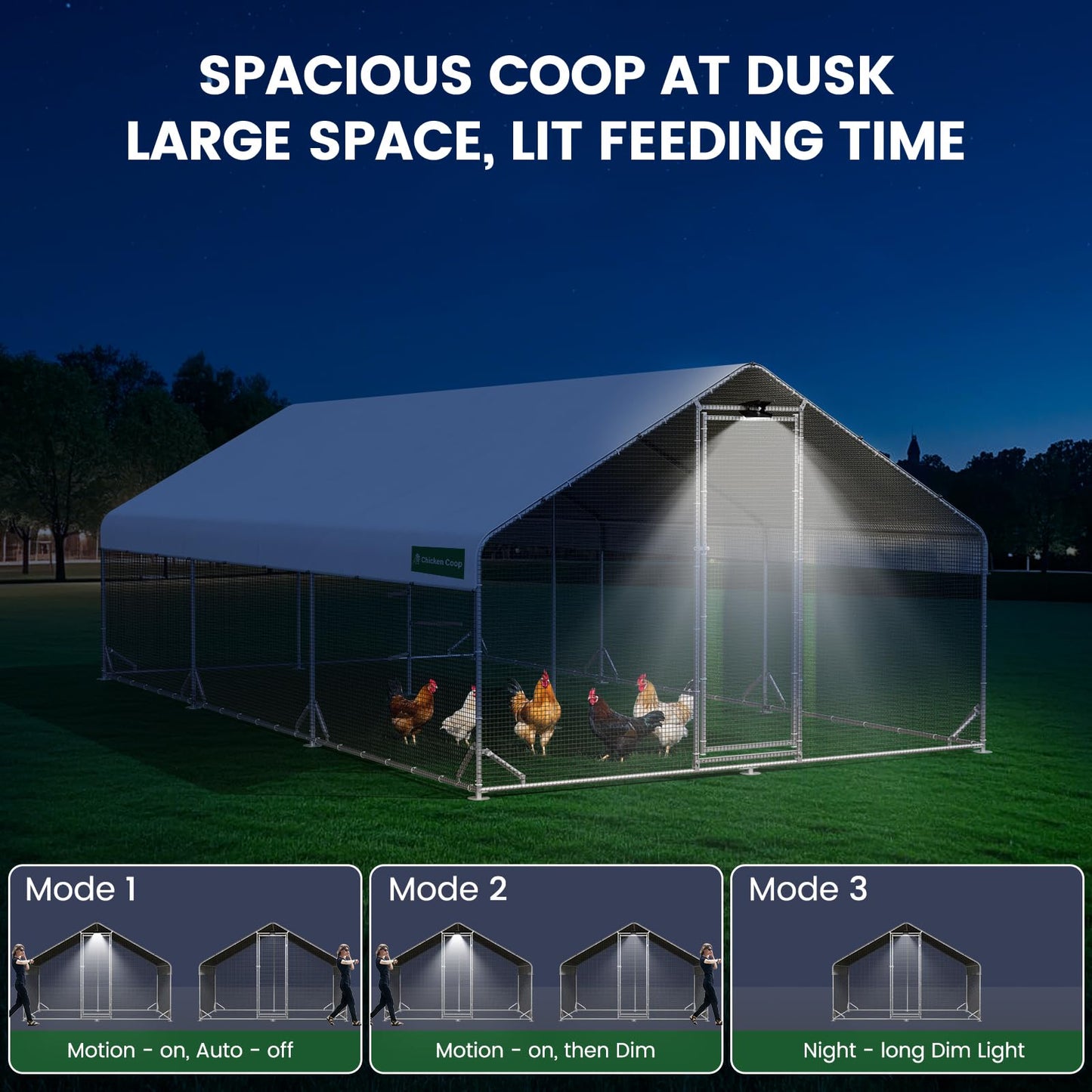 Large Walk-in Metal Chicken Coop with Chicken Run & Hardware Cloth, Solar Light, Waterproof & UV-Resistant Cover, Outdoor Poultry Cage for Farm Use, 3 Room