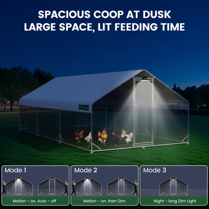 Large Walk-in Metal Chicken Coop with Chicken Run & Hardware Cloth, Solar Light, Waterproof & UV-Resistant Cover, Outdoor Poultry Cage for Farm Use, 3 Room