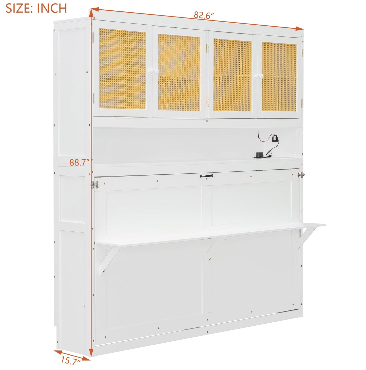 Merax Twin Murphy Bed Frame with Top Cabinet, Multi Storage Shelves & 4 Ratten Doors, 2-in-1 Bed Desk Space Saving Foldable Wall Bed with Light & USB Charging Ports, White