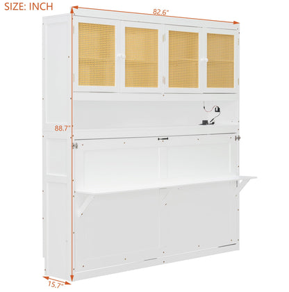 Merax Twin Murphy Bed Frame with Top Cabinet, Multi Storage Shelves & 4 Ratten Doors, 2-in-1 Bed Desk Space Saving Foldable Wall Bed with Light & USB Charging Ports, White