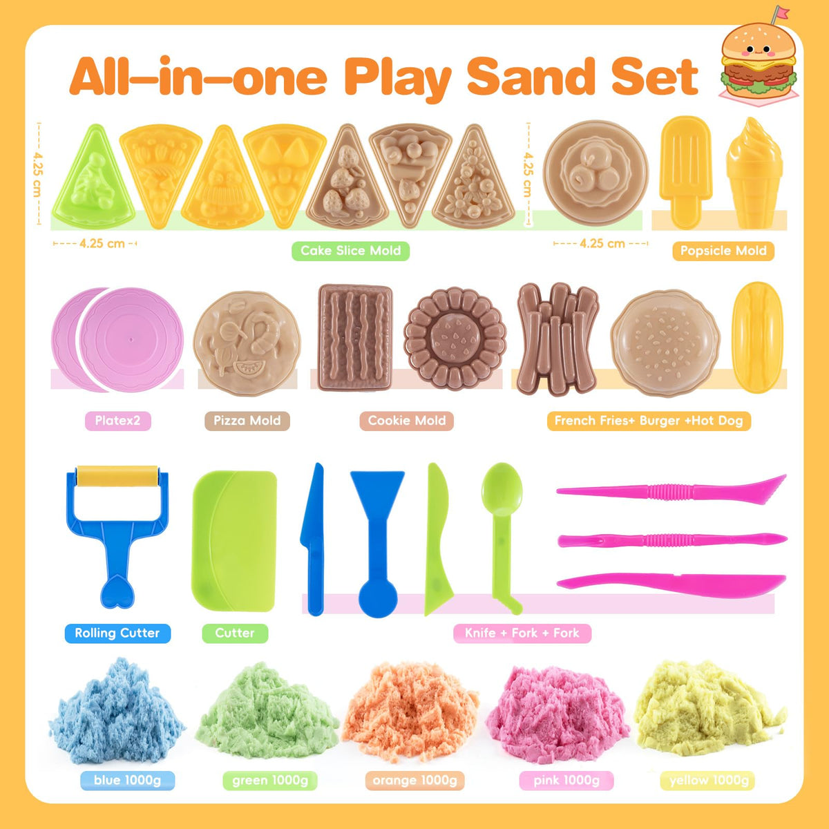 Crelloci Food Theme Magic Play Sand Kit for Kids – 2.2lb Sensory Play Sand with Burger, Hot Dog, Chips, Cake & Ice Lolly Moulds, Cutters, Roller, Fork & Spoon – Creative Sand Toys for Kids Age 3+