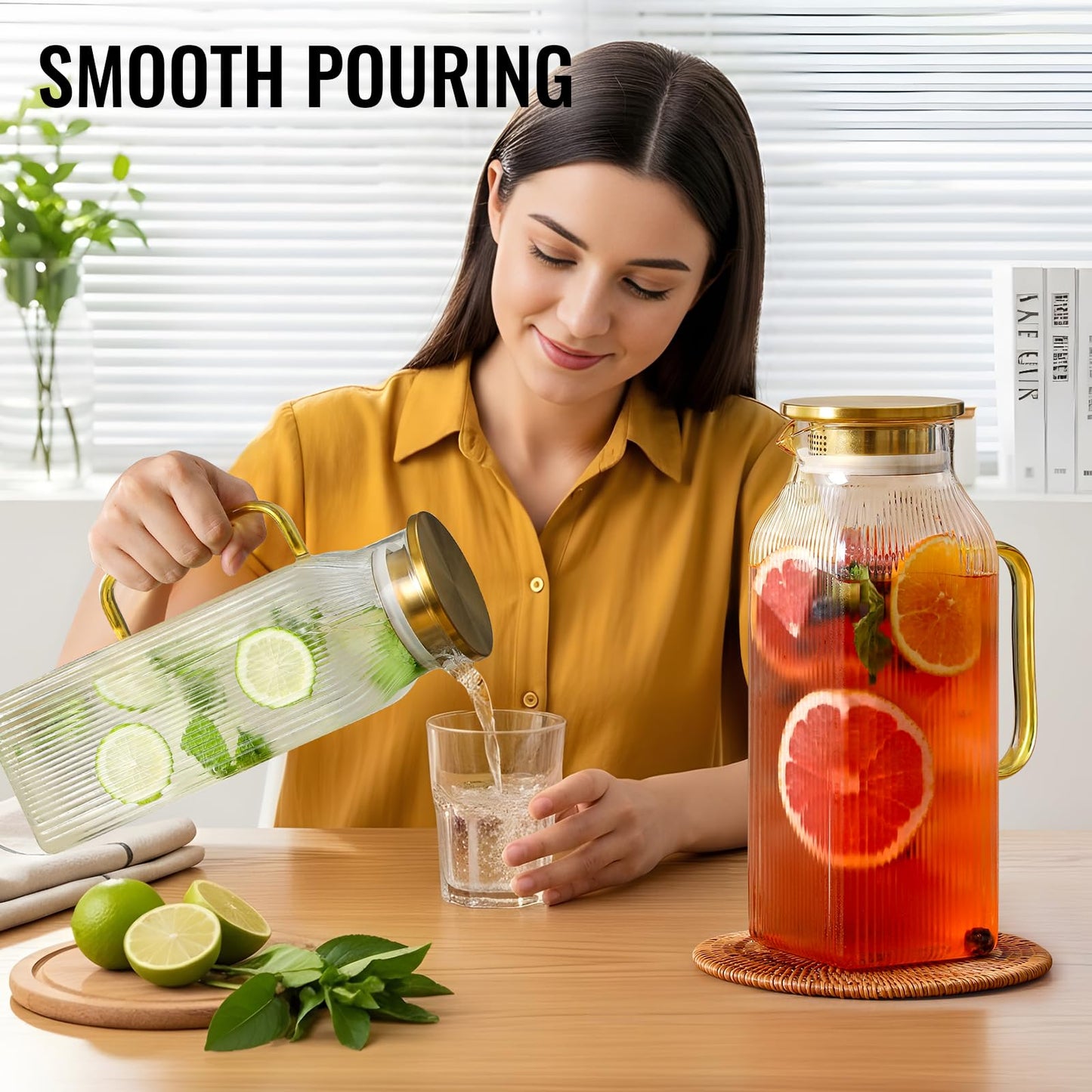 4 Pack 2 Liter/68 oz Square Glass Pitcher with Lid, Classic Stripes Water Pitchers with Handle for Fridge, Large Jug for Iced Tea, Coffee, Borosilicate Glass Carafe for Hot/Cold Brew Drink, Gold