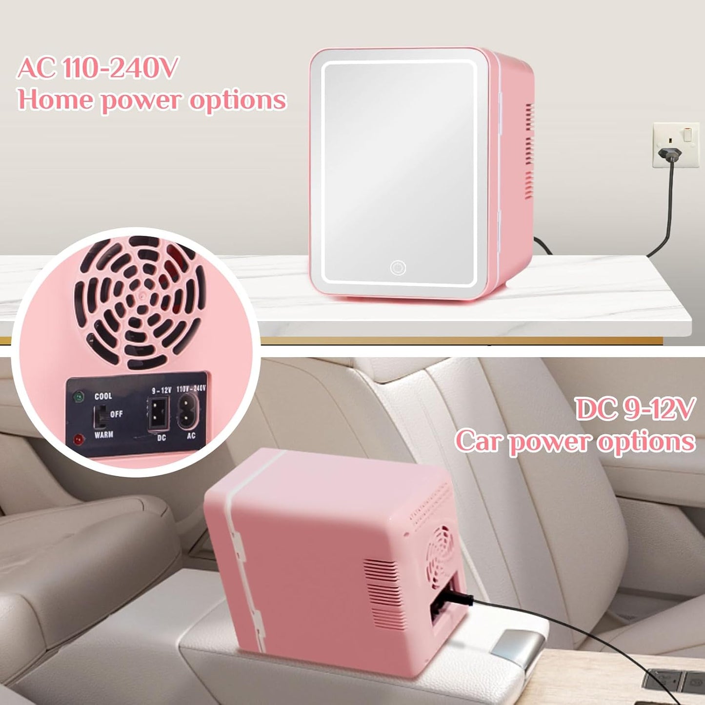 Mini Fridge for Bedroom, 4L Skincare Fridge with Dimmable LED Light, Cooler & Warmer for Makeup, Office, Car, Dorm, Pink
