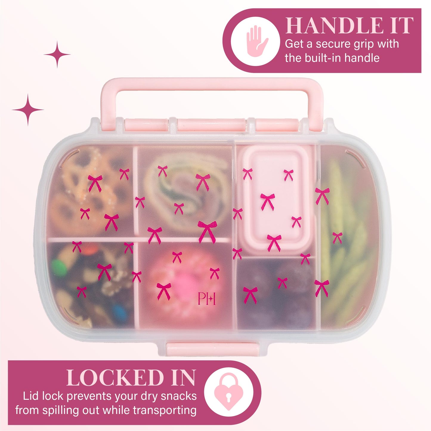 Paris Hilton 2-Pack Bento Style Snack Boxes, 7-Compartment Lunch Containers with Built-In Phone Stand, Removable Dividers and Dip Containers, Pink Bow Print