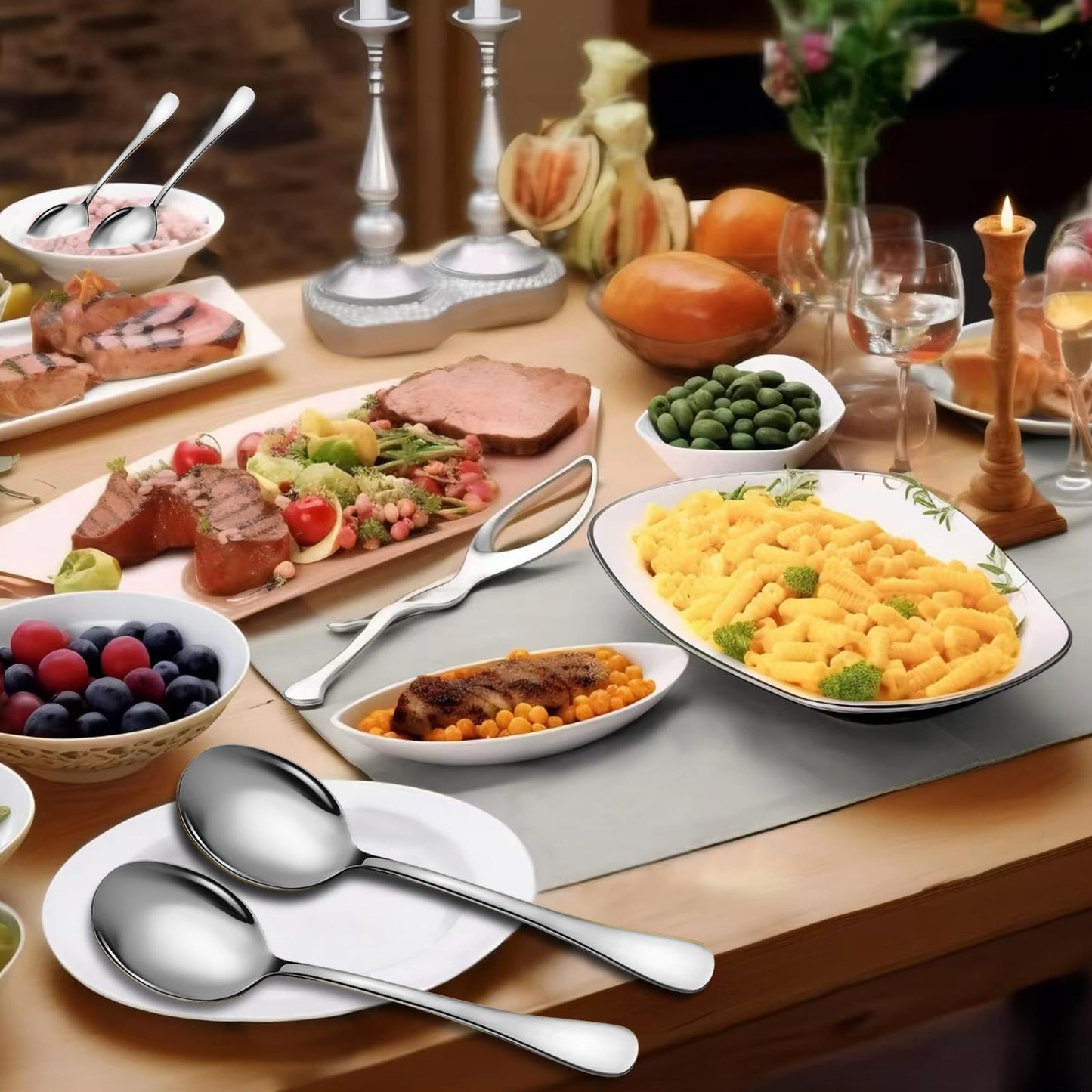 Keyoxy Stainless Steel Serving Spoons Set, 8pc, 10-Inch, Includes 8 Large Spoons, for Parties/Kitchen/Buffet/Catering, Dishwasher Safe