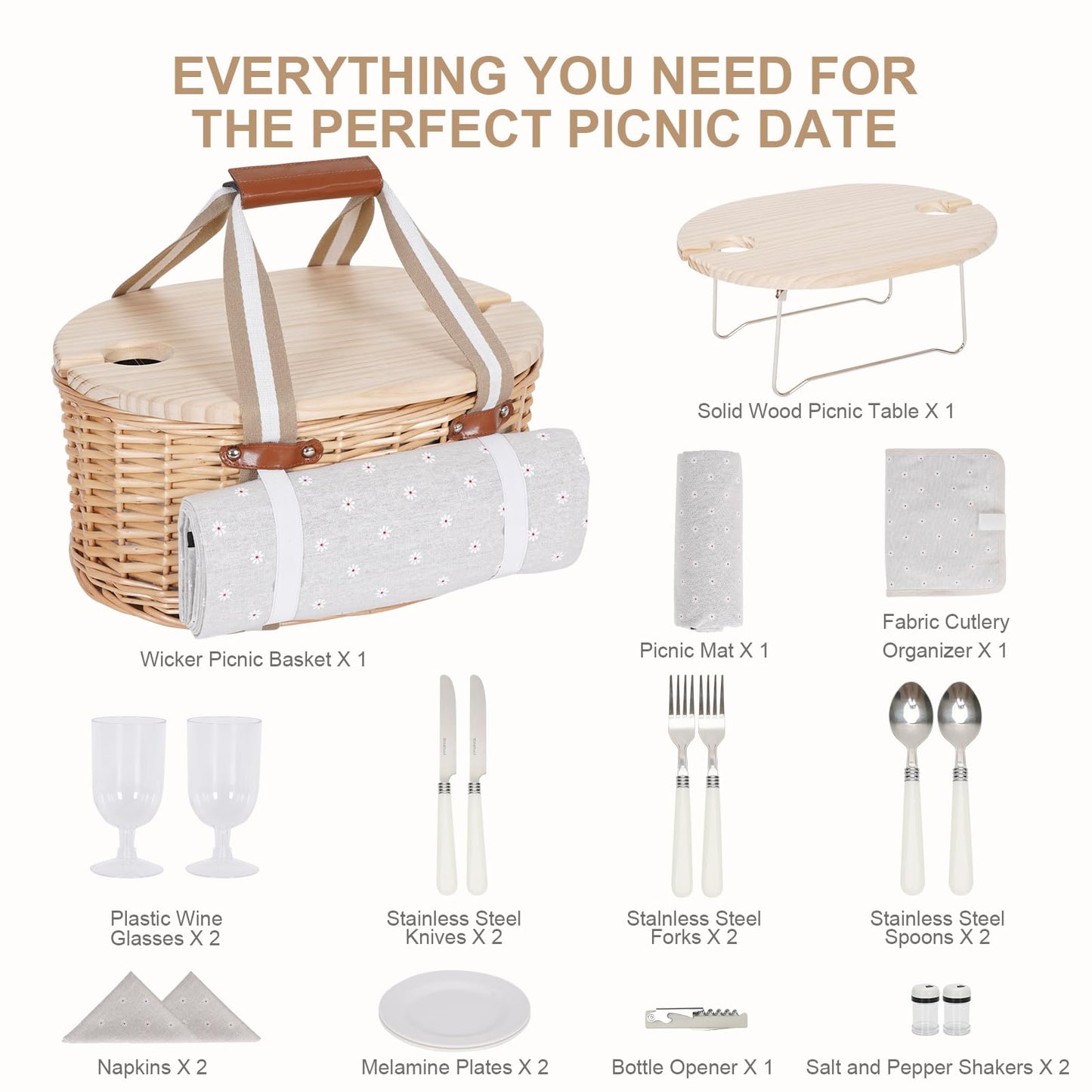 Zettfuly Picnic Basket Set for 2 - Wicker Insulated Picnic Basket with Waterproof Blanket, Folding Wine Picnic Table & Cutlery Kits, Picnic Baskets Kit for Camping, Outdoor, Valentine (White Flower)