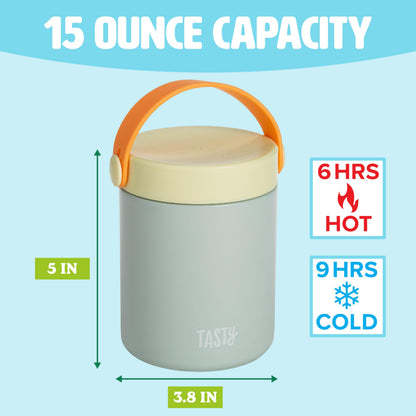 Tasty Food Jar with Folding Handle, Portable Snack Travel or Lunch Container, Stainless Steel Insulated Vacuum with Leak-Proof Lid, Keeps Food Hot or Cold for Hours, 15-Ounce, Aqua
