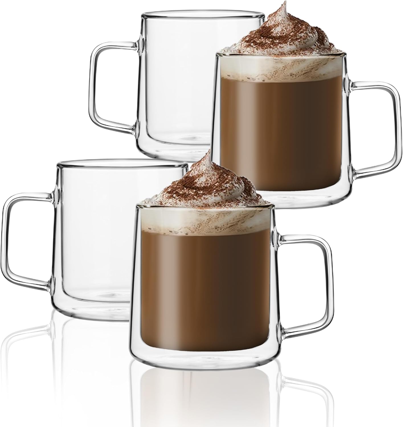 12oz Bag,Set 4 CNGLASS Glass Coffee Mugs,Double Wall Insulated Glass Cups with Handle,Clear Espresso Mugs