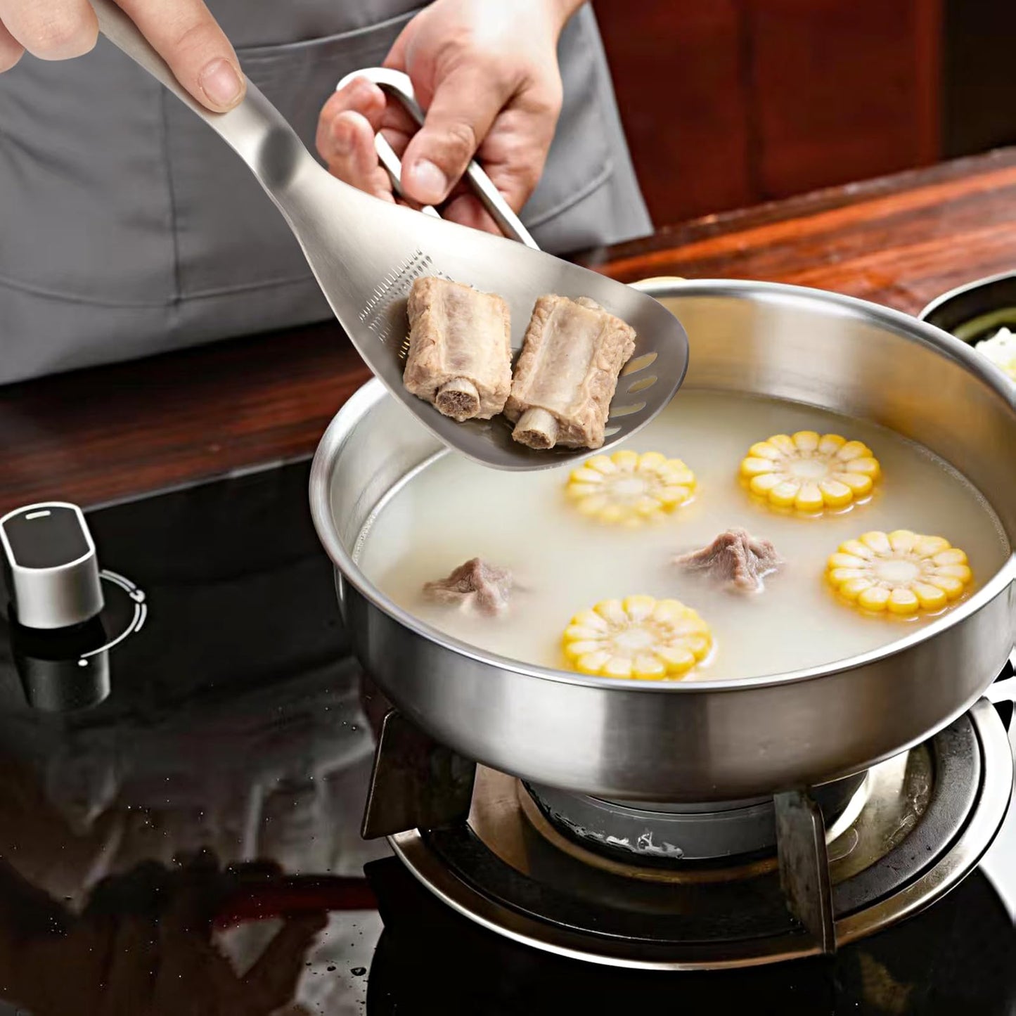 SQKM 5 in 1 Spoon Solid, Meat and Potatoes Smasher, Egg Yolk Separator, Potato Masher, Bottle Opener, 18/8 304 Stainless Steel, Heat Resistant for Mixing Stirring, Kitchen & Camping