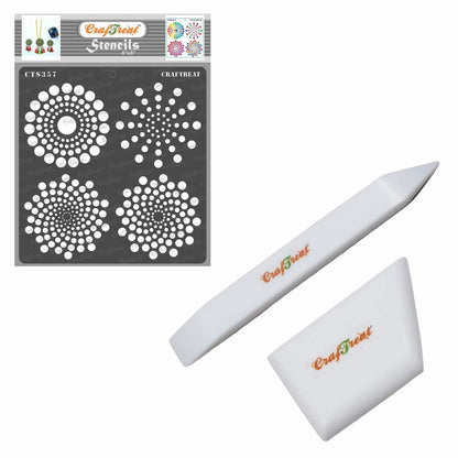 CrafTreat Craft Bundle: Dot Mandala Stencil (6x6 Inch) and Teflon Bone Folder Tool Set - Reusable Stencil for Dots and Spiral Patterns, and Ergonomic Scoring Tools for Paper Crafting and Leather Work