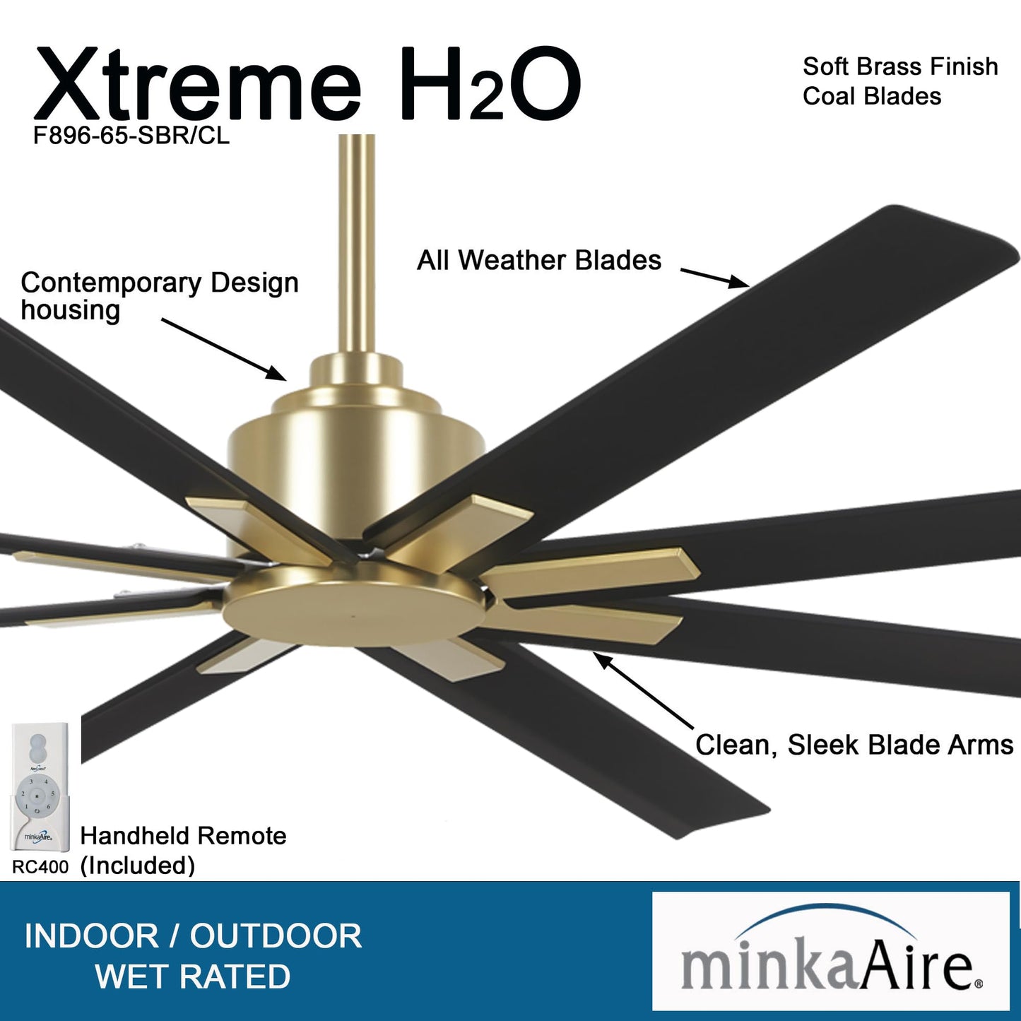 MINKA-AIRE F896-65-SBR/CL Xtreme H2O 65 Inch DC Motor Outdoor Ceiling Fan with Remote Control in Soft Brass Finish with Coal Blades