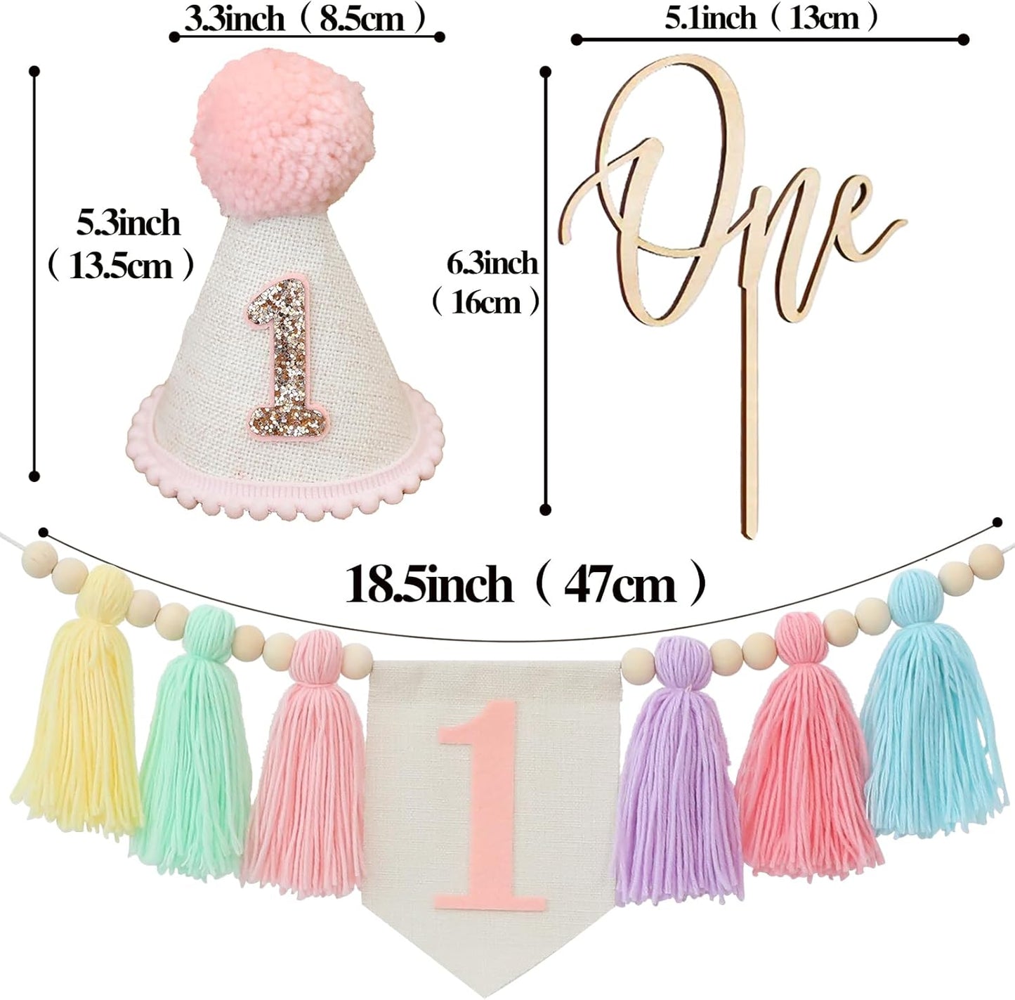 1st Handmade Boho Macaron Theme Birthday High Chair Banner for Baby Girls with Pink First Birthday Cone Hat and One