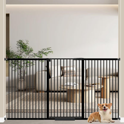WAOWAO 40.55" Extra Tall 1.37" Ultra Narrow Spacing 69.49-77.36" Extra Wide Dogs Pets Baby Gate Safety Indoor Puppy Pressure Mounted Gate No Drill Black Metal for Stairs,Doorways,Kitchen,Hallway