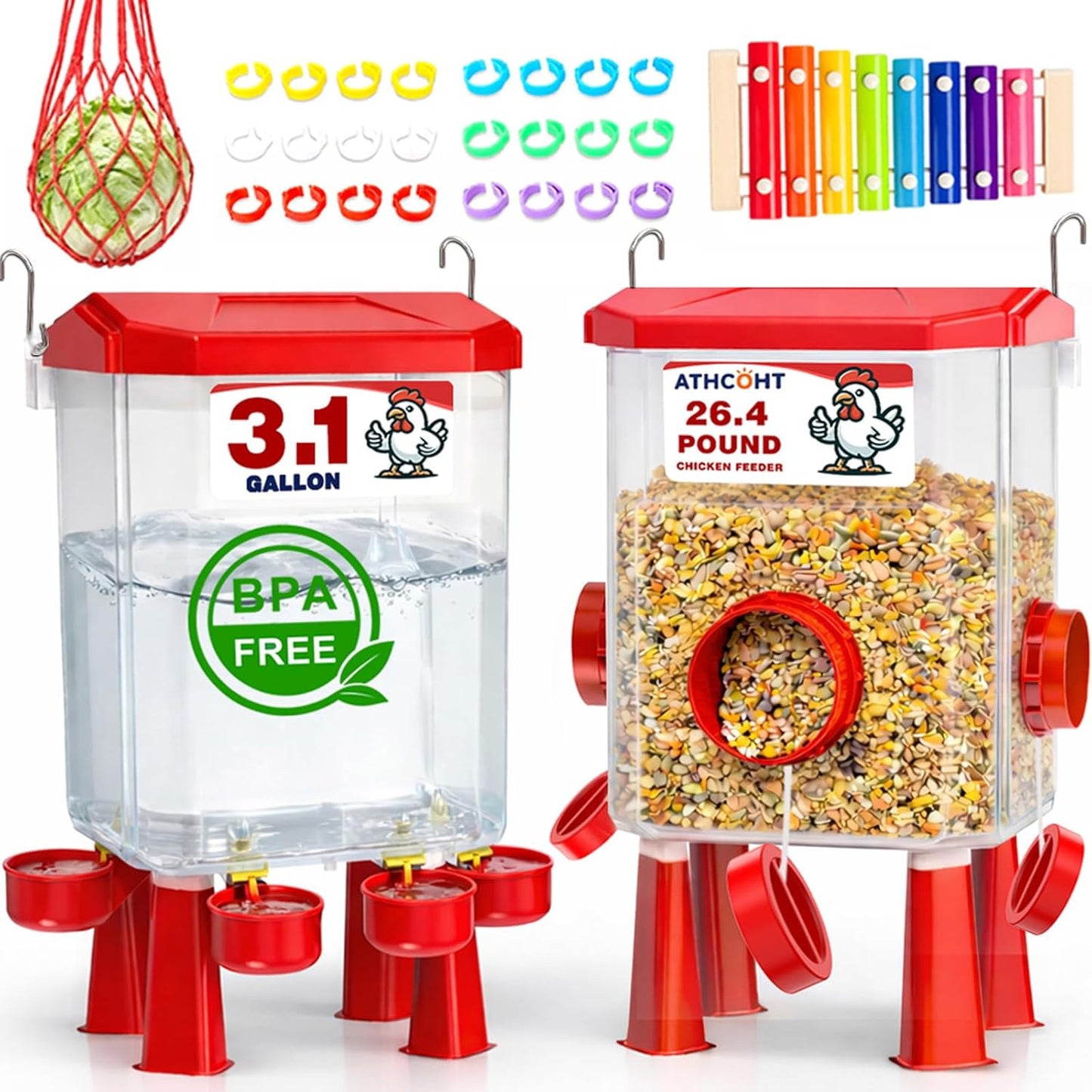 ATHCOHT Set 3.1 Gallon/26.4 4 3 Large Chicken Feeder and Waterer Pounds, Automatic Chicken Waterer with Cups & Feeder