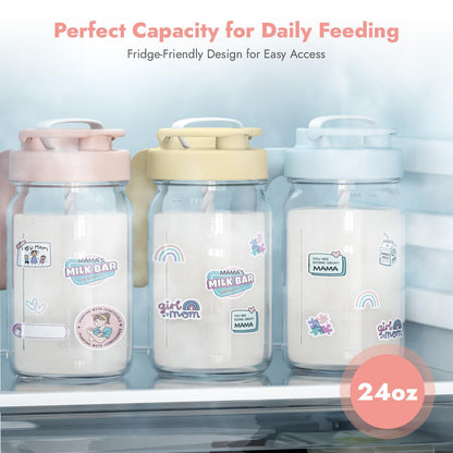 Papablic Glass Formula Pitcher, Fast Baby Breastmilk Maker with Mixing Handle Lid, Wide Mouth Mason Jar Breast Milk Storage Container with Flip-Lock Spout, BPA-Free, Pink