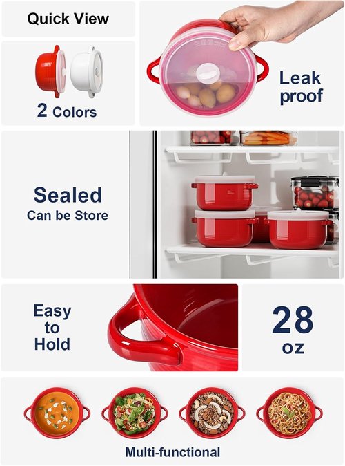 LE TAUCI Ceramic Soup Bowls - 28 oz Ramen Bowls with Handles & Silicone Lids | Microwavable, Oven Safe, Set of 2, Red