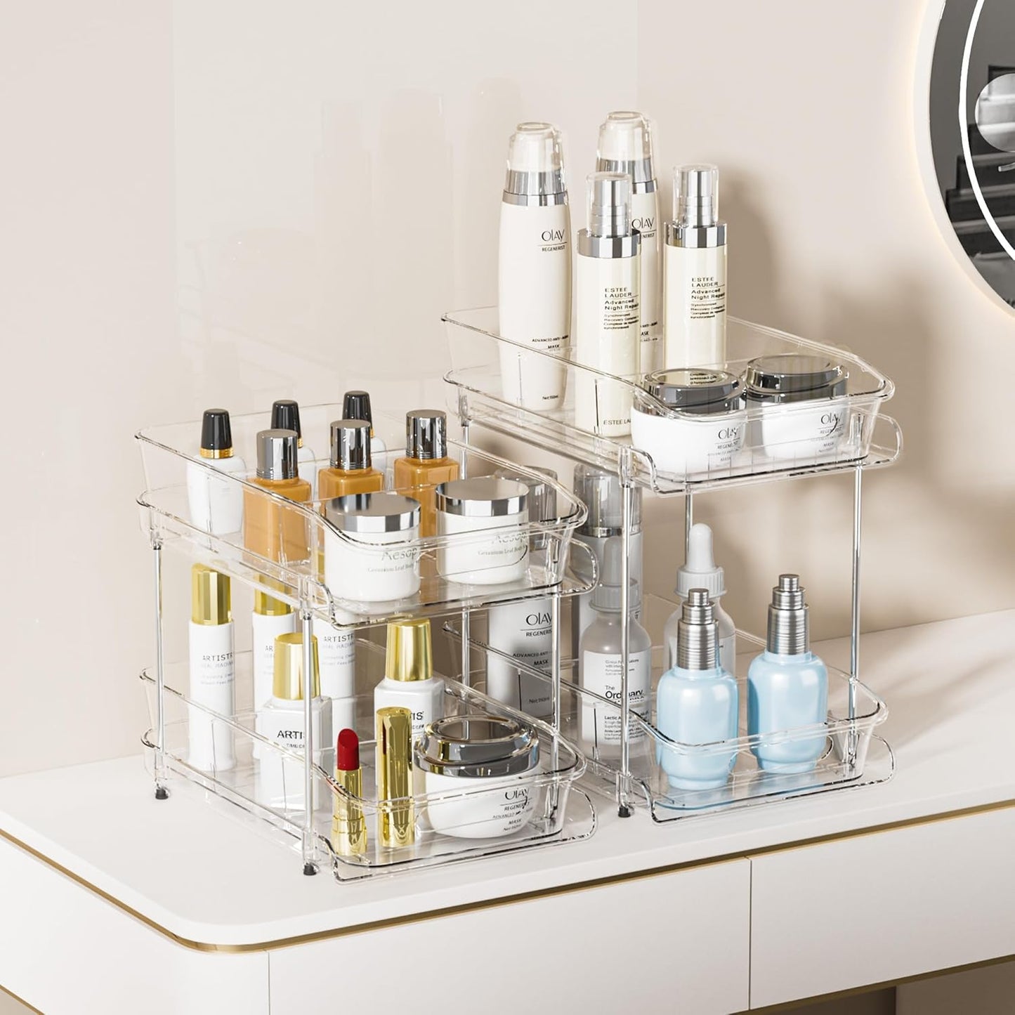 Delamu 2 Sets of 2-Tier Clear Under Sink Organizers, Multi-Purpose Stackable Bathroom Cabinet Storage