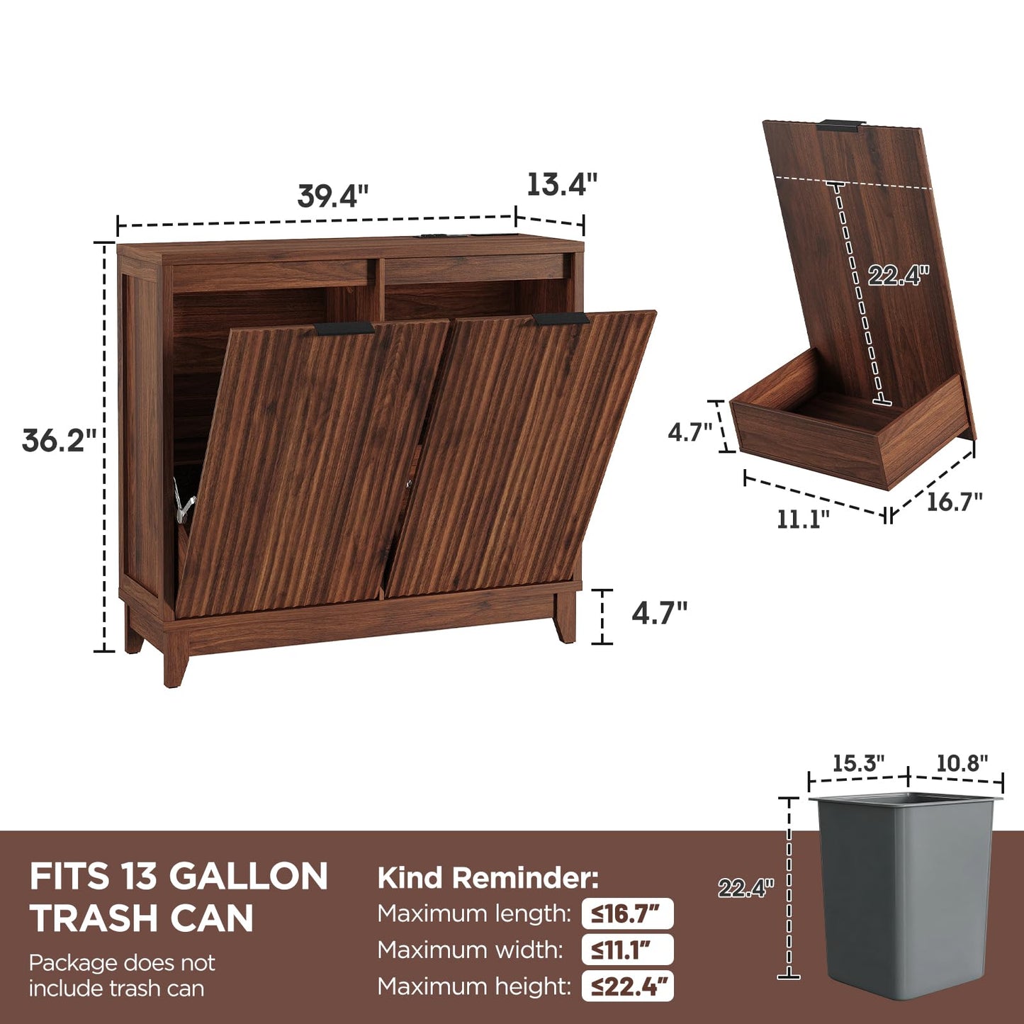 Double Tilt Out Trash Can Cabinet with Odor Control, Outlets, Fluted Trash Cabinet 13 Gallon Hidden Bin Storage, Modern Kitchen Cabinet with Soft-Close Door, Laundry Hamper Cabinet for Bathroom